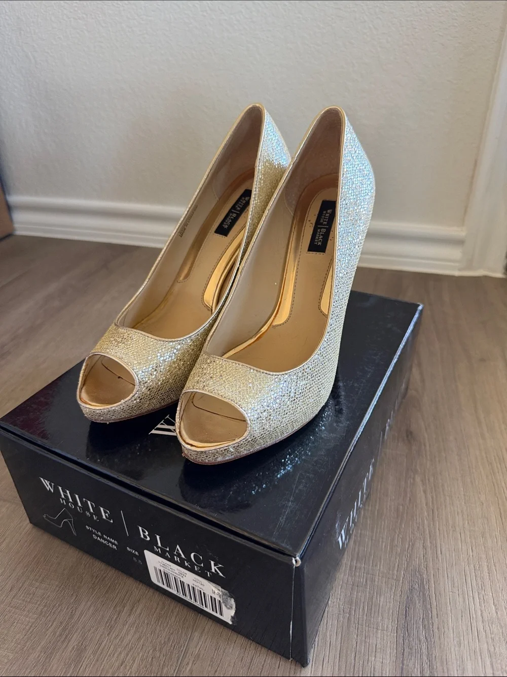 White House Black Market Gold Glitter Peep-Toe Pumps